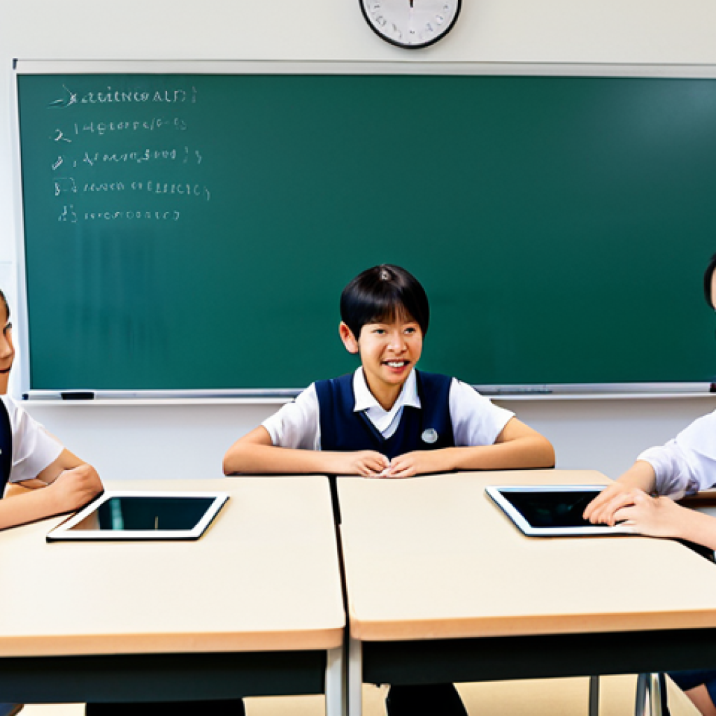 A group of diverse young students, aged 10-14, fully clothed in modern school uniforms and modest attire, actively engaged in a cutting-edge Korean classroom. They are interacting with large interactive digital whiteboards and individual tablets, learning programming and problem-solving through gamified applications. The environment is bright, clean, and futuristic, showcasing advanced educational technology. Soft, natural lighting illuminates the scene. The image should convey a sense of curiosity, innovation, and collaborative learning. safe for work, appropriate content, fully clothed, professional, family-friendly, perfect anatomy, correct proportions, natural pose, well-formed hands, proper finger count, natural body proportions, high quality, professional photography.