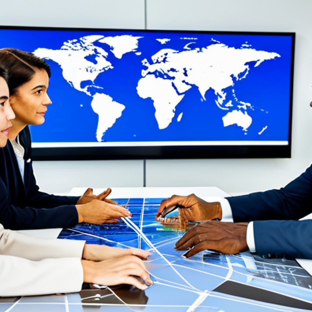 A diverse group of professional adults, representing various Portuguese-speaking cultures including Portugal, Brazil, and Angola, gathered around a large interactive digital display table showing a world map with connection lines. They are engaged in a collaborative discussion, gesturing thoughtfully while looking at the global data. All individuals are fully clothed in modest business attire, reflecting a professional and family-friendly environment. The setting is a bright, modern office space with large windows and subtle digital interfaces in the background, symbolizing global communication and cultural integration. Perfect anatomy, natural poses, well-formed hands, correct proportions, appropriate content, safe for work.