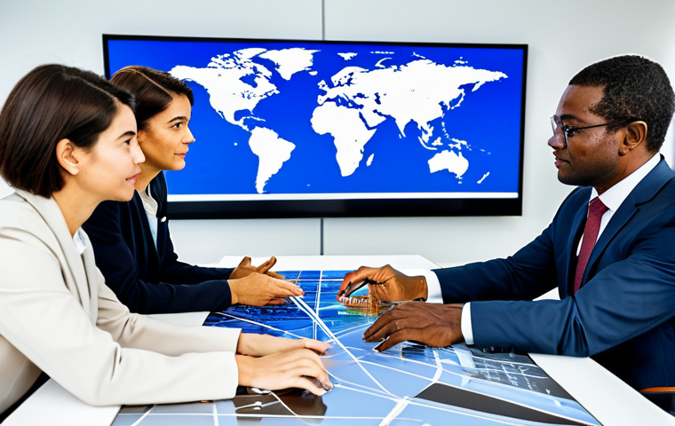 A diverse group of professional adults, representing various Portuguese-speaking cultures including Portugal, Brazil, and Angola, gathered around a large interactive digital display table showing a world map with connection lines. They are engaged in a collaborative discussion, gesturing thoughtfully while looking at the global data. All individuals are fully clothed in modest business attire, reflecting a professional and family-friendly environment. The setting is a bright, modern office space with large windows and subtle digital interfaces in the background, symbolizing global communication and cultural integration. Perfect anatomy, natural poses, well-formed hands, correct proportions, appropriate content, safe for work.
