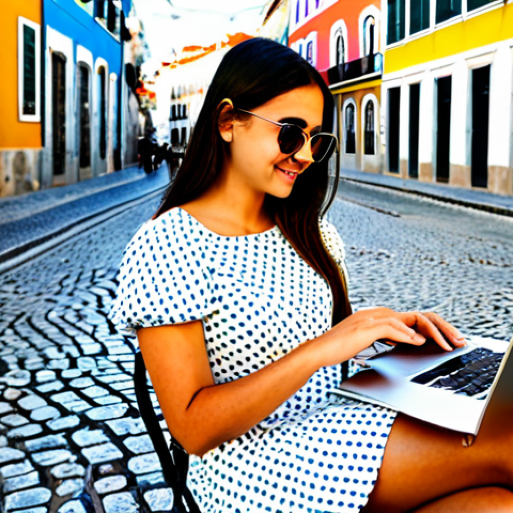 **

A young woman in Lisbon, Portugal, sitting at an outdoor cafe, working on a laptop. She is wearing a modest summer dress and sunglasses. In the background, there are colorful buildings and cobblestone streets. The weather is sunny. She's holding a pastel de nata and a cup of coffee. Professional photography, natural lighting, perfect anatomy, correct proportions, well-formed hands, fully clothed, appropriate attire, safe for work, family-friendly.

**