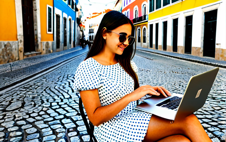 **

A young woman in Lisbon, Portugal, sitting at an outdoor cafe, working on a laptop. She is wearing a modest summer dress and sunglasses. In the background, there are colorful buildings and cobblestone streets. The weather is sunny. She's holding a pastel de nata and a cup of coffee. Professional photography, natural lighting, perfect anatomy, correct proportions, well-formed hands, fully clothed, appropriate attire, safe for work, family-friendly.

**