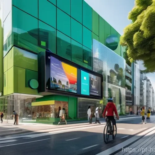 한글과 국제 교류 협력 - A vibrant, futuristic city street scene blending classic Portuguese colonial architecture with sleek...