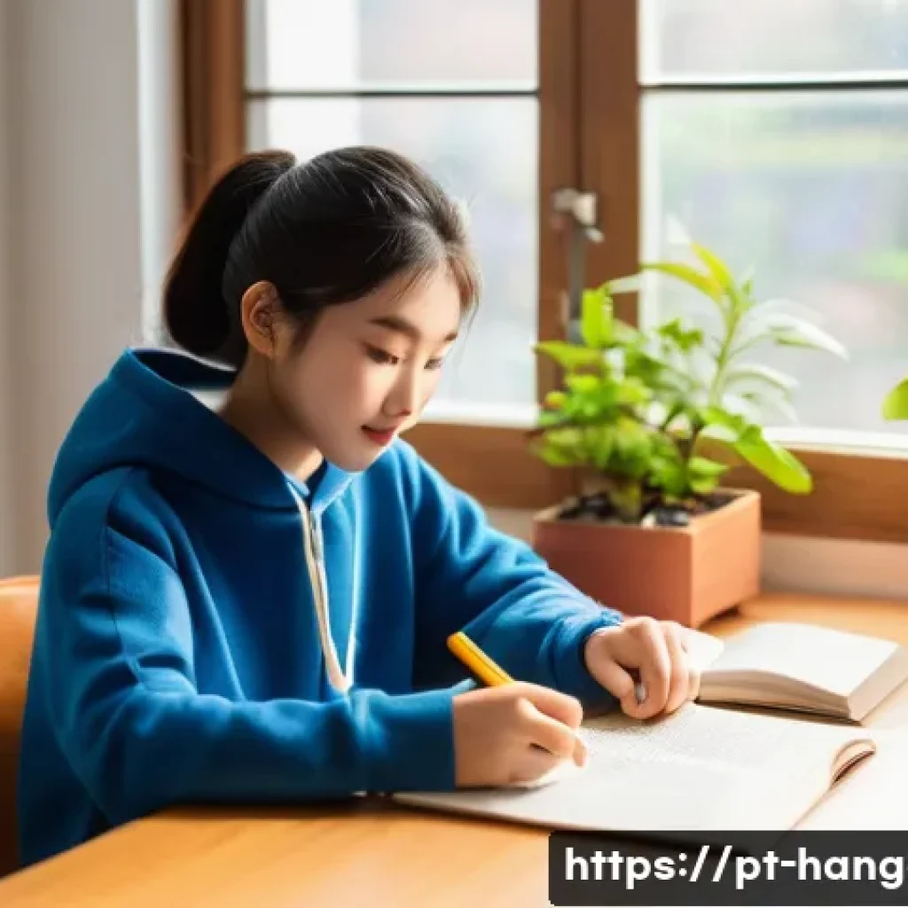 한글과 형태론 연구 - A bright, cozy study room with a young adult (15-20 years old) sitting at a wooden desk, engrossed i...