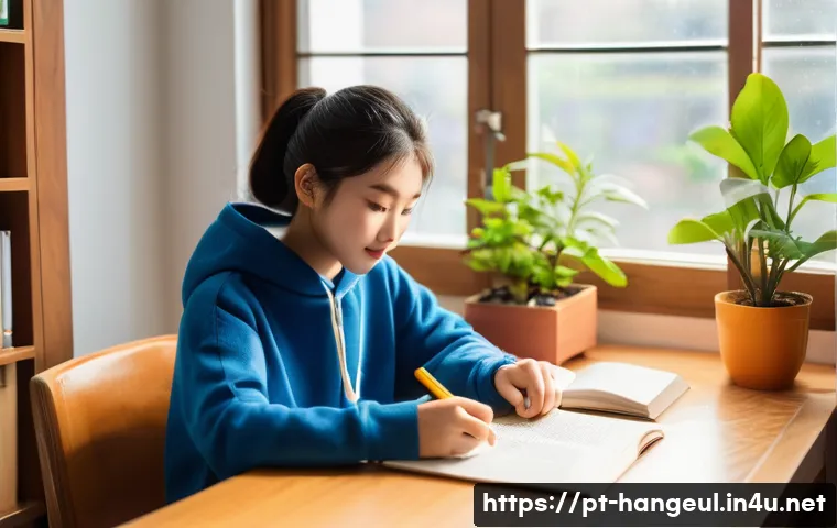 한글과 형태론 연구 - A bright, cozy study room with a young adult (15-20 years old) sitting at a wooden desk, engrossed i...