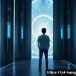 한글과 사이버 보안 - **Prompt:** A young adult, gender-neutral, stands confidently within a glowing, ethereal digital for...