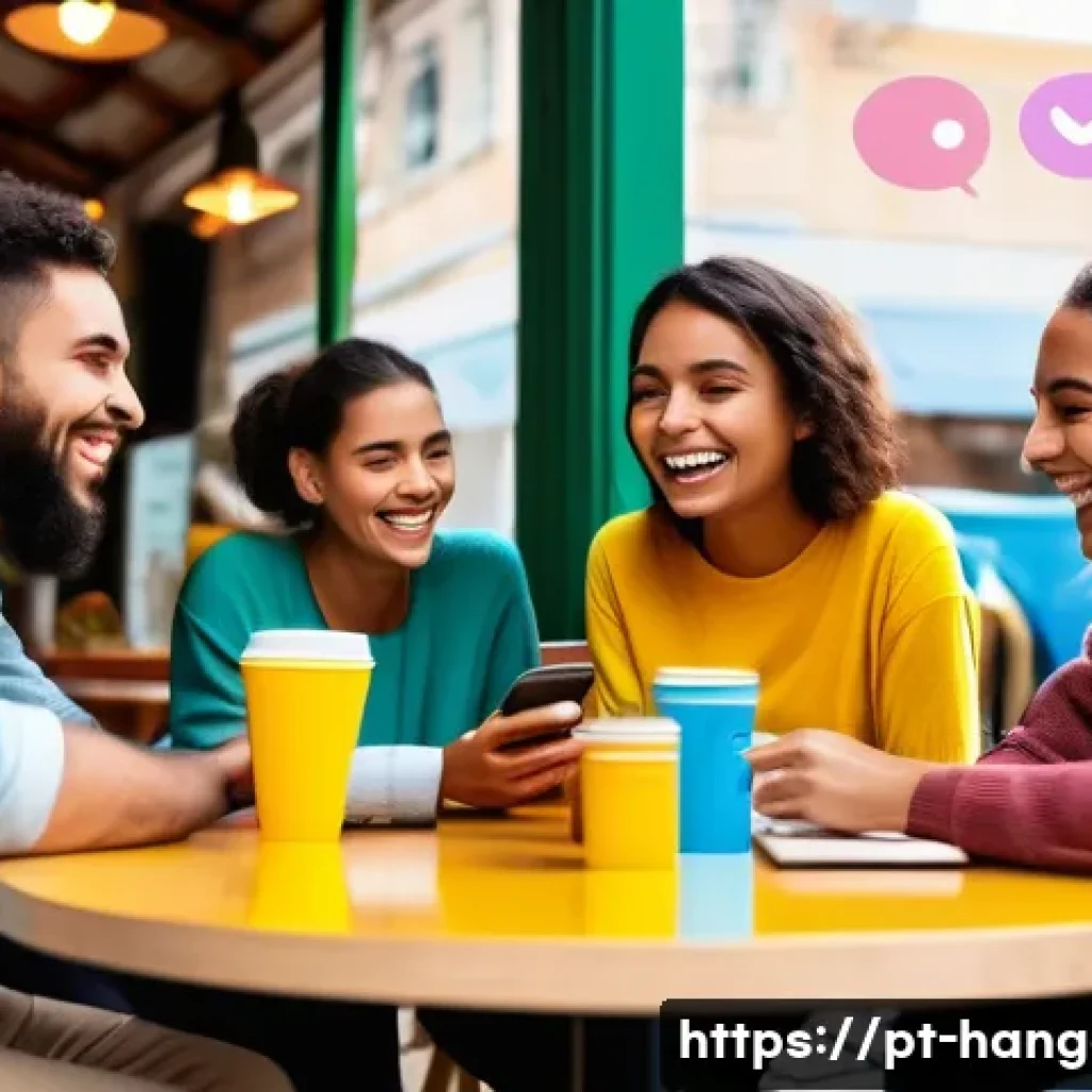 한글과 메신저 채팅 문화 - A vibrant digital communication scene featuring a diverse group of young Brazilian adults chatting o...