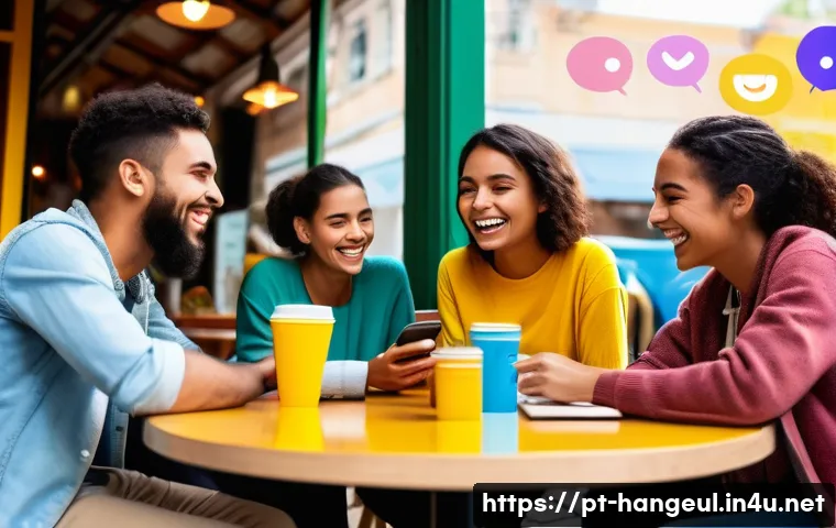 한글과 메신저 채팅 문화 - A vibrant digital communication scene featuring a diverse group of young Brazilian adults chatting o...