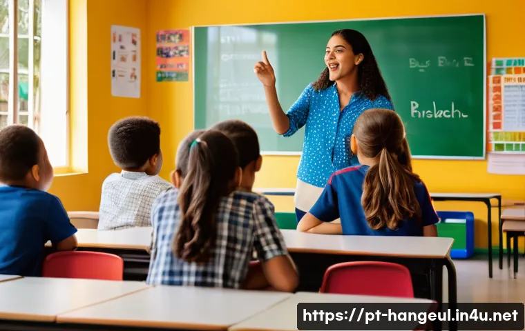 한글과 세계 언어 비교 - A vibrant classroom scene in Brazil showing diverse students practicing Brazilian Portuguese pronunc...