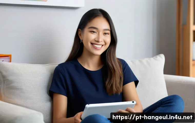한글과 IT 기술 접목 사례 - A young Brazilian woman sitting comfortably at home using a sleek tablet with a Korean language lear...