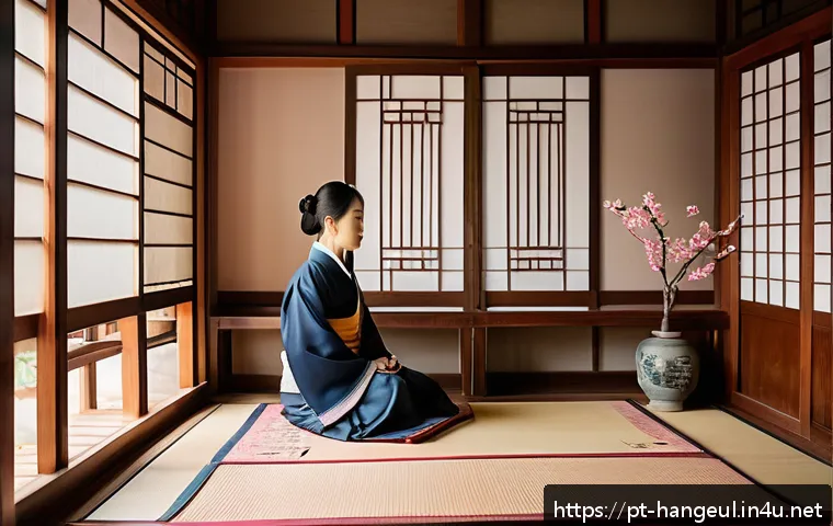 한글과 문학 비평 - A serene and contemplative scene set in a traditional Korean home blending with modern urban element...