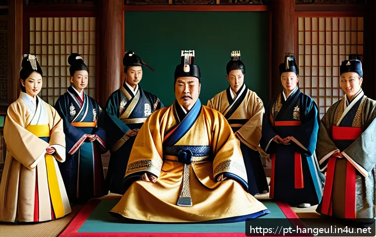 한글날 제정 배경 - A detailed historical scene depicting King Sejong the Great in 15th-century Korea, surrounded by sch...