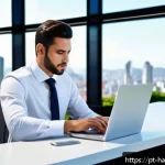 Home 22 한글과 키워드 연구 - A modern Brazilian office environment with a well-dressed male professional wearing a tailored long-...