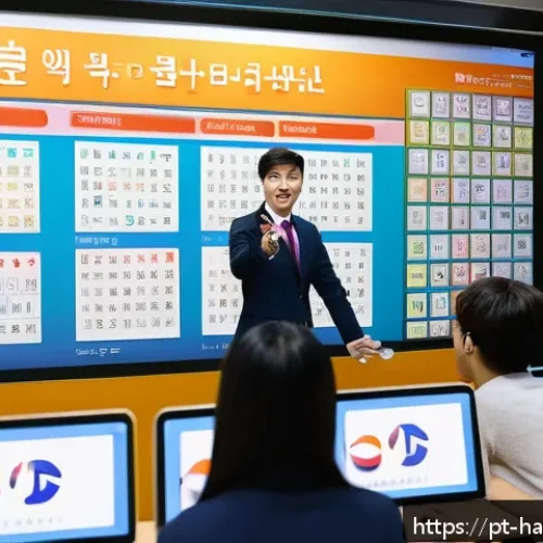 Home 33 한글을 쉽게 배우는 비법 - A modern classroom scene with a diverse group of young adult Portuguese-speaking students attentivel...