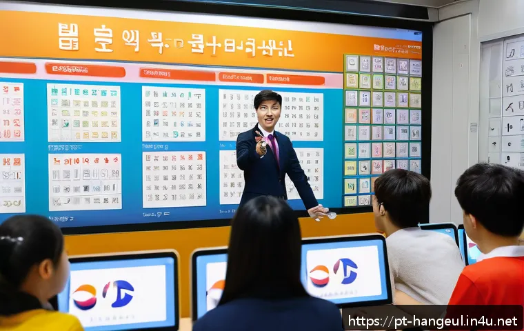 한글을 쉽게 배우는 비법 - A modern classroom scene with a diverse group of young adult Portuguese-speaking students attentivel...