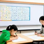 Home 19 한글과 일본어 한자 비교 - A detailed illustration of a Korean classroom scene featuring students learning Hangul. The image sh...
