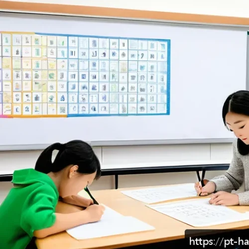 Home 31 한글과 일본어 한자 비교 - A detailed illustration of a Korean classroom scene featuring students learning Hangul. The image sh...