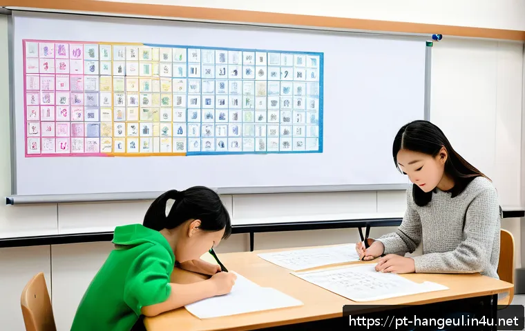 한글과 일본어 한자 비교 - A detailed illustration of a Korean classroom scene featuring students learning Hangul. The image sh...