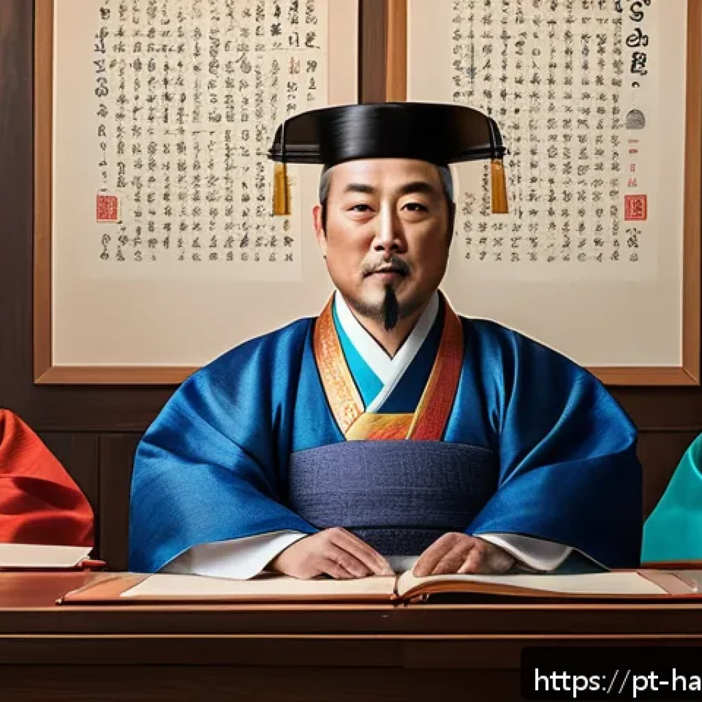 세종대왕 한글 창제 과정 - A detailed artistic illustration of King Sejong the Great in a traditional royal Korean hanbok, surr...