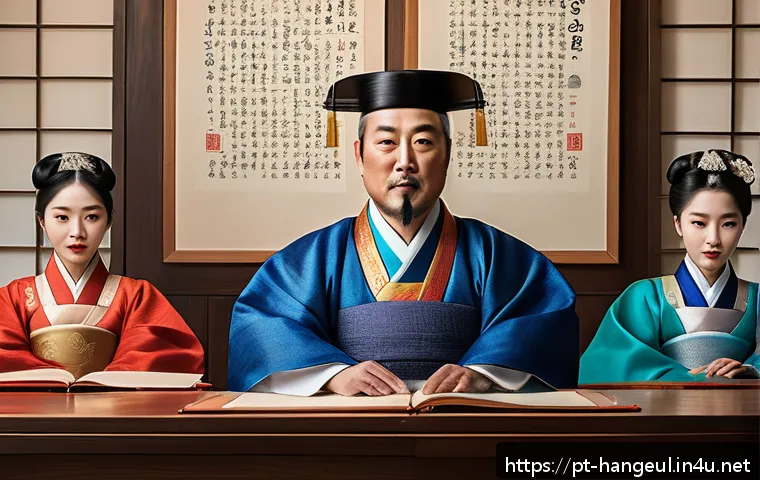 세종대왕 한글 창제 과정 - A detailed artistic illustration of King Sejong the Great in a traditional royal Korean hanbok, surr...