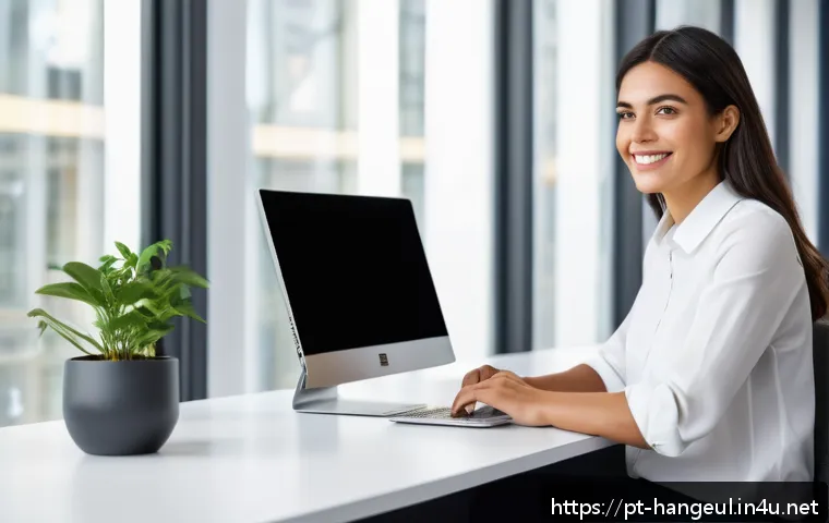 한글과 오피스 프로그램 비교 - A modern office workspace scene showing a professional woman in business casual attire sitting at a ...