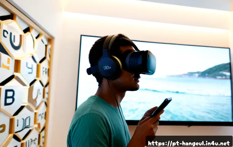 한글과 메타버스 콘텐츠 - Photorealistic modern Lisbon creative studio, Portuguese-speaking young adult wearing a sleek VR hea...